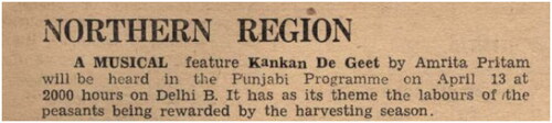 Figure 6. Excerpt of a musical feature of Amrita Pritam’s Kaṇakāṅ de Gīt on the Delhi radio station in 1959.Source: Akashvani XXIV, no. 15 (New Delhi: Publications Division (India), April 12, 1959).