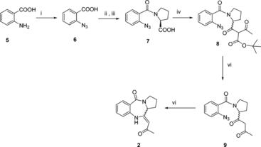 Scheme 2 Reagents and conditions: (i) NaNO2, HCl, −10°C, CH3COONa, NaNO2, NaN3, (ii) SOCl2, toluene reflux, (iii) L-proline, TEA, RT, (iv) SOCl2, Toluene, tert-Butyl acetoacetate, MgCl2, DCM, Hunig's base, (v) Toluene, p-TSA 80°C, (vi) PPh3, DCM, 0°C.