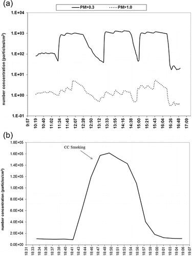 Figure 5. PM > 0.3 and PM > 1.0 µm (top plot) and PMnm (i.e., between 10 and 1000 nm, bottom plot) number concentrations during CC smoking plotted as a function of time.