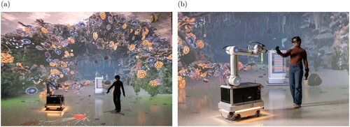 Figure 5. Impressions of the mini-game “collecting algae” showing a human interacting with the industrial robot in the mixed-reality underwater environment..