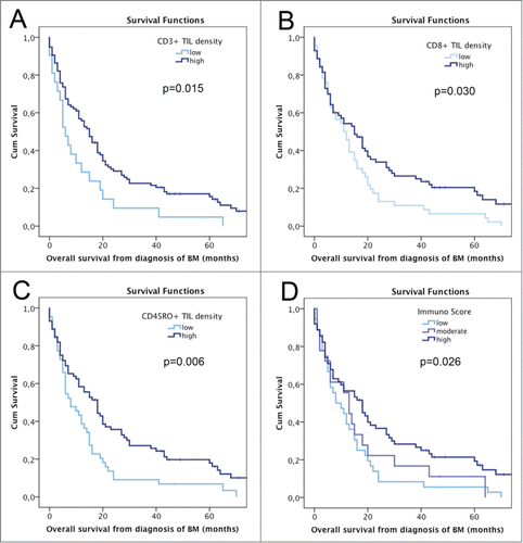 Figure 3. OS according to semiquantitatively assessed TIL density and Immunoscore; A OS according to CD3+ TIL density; B OS according to CD8+ TIL density; C OS according to CD45RO+ TIL density; D OS according to Immunoscore.