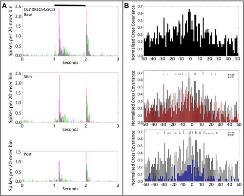 Figure 8 Peri-stimulus time histograms and normalized cross-covariance function for two On-Off retinal ganglion cells (Oct10R2Ch4x5Cs2) stimulated with a small spot. (A) The top panel shows the average firing of the two cells (magenta vs green) during the pre-tACS base period. The middle panel shows that one of cells (green) decreases in firing during tACS (Stim). The bottom panel shows that responses of both cells fall below baseline after cessation of the tACS current. (B) The top panel shows the baseline, pre-tACS cross covariance. The middle panel shows normalized cross-covariance functions for base (black) and during tACS (red) for delays from −50 to +50 msec. The bottom panel compares cross-covariance during baseline (black) versus after cessation of tACS current (blue). Two-way ANOVA p=0.05. Interaction, F (800, 27,669) = 0.7117, NS. Row Factor, F (400, 27,669) = 2.285, p<0.0001. Column Factor, F (2, 27,669) = 209.5, p<0.0001. Square symbols above a bin denote significant differences in the multiplicity adjusted p-values between the plots at the p<0.05 level. Double height symbols above a bin denote significant differences between the plots at the p<0.005 level, triple height symbols denote significant differences at the p<0.0005 level.