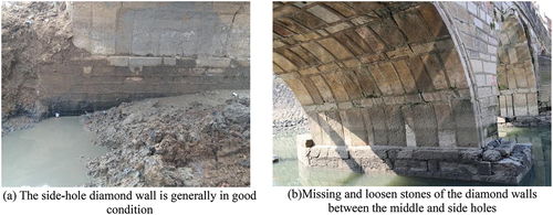 Figure 14. Current situation of the diamond walls. (a) The side-hole diamond wall is generally in good condition. (b) Missing and loose stones of the diamond walls between the middle and side holes.