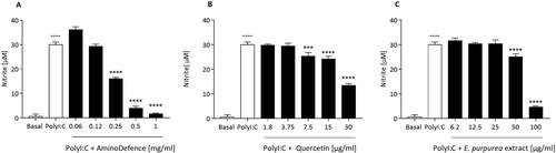 Figure 9. Effect of AminoDefence, quercetin and E. purpurea extract on NO release by Polyinosinic:polycytidylic acid (PolyI:C)-stimulated macrophages. RAW264.7 cells were incubated for 24 h at 37 °C with Polyinosinic:polycytidylic acid (PolyI:C) [50 µg/ml] and the indicated increasing concentrations of the formulation AminoDefence (A), quercetin (B) or E. purpurea extract (C). NO release in the culture media was quantified through Griess test assay. Experiments were performed in triplicate and data are expressed as mean ± SD. Statistical analyses were performed using the one-way ANOVA coupled with Dunnett’s multiple comparison test. A value of p < 0.05 was considered statistically significant. ***p < 0.001; ****p < 0.0001 vs PolyI:C-treated macrophages. °°°°p < 0.0001 vs macrophages in basal conditions.