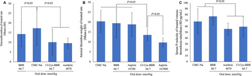 Figure 3 Effect of 13-Cys-BBR and BBR on thrombosis and P-selectin in vivo: (A) anti-venous thrombosis activity of 66.7 nmol/kg of oral 13-Cys-BBR and BBR, n=10; (B) anti-arterial thrombosis activity of 66.7 nmol/kg of oral 13-Cys-BBR and BBR, n=10; (C) inhibition of 66.7 nmol/kg of oral 13-Cys-BBR and BBR to P-selectin in the serum of treated rats in venous thrombosis assay, n=10.