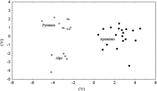 Figure 5. Scatter plot of the first and the second canonical variate scores for the three Western European populations, i.e Alps, Pyrenees, and Apennines, derived from the‘size‐independent’ matrix (see text).