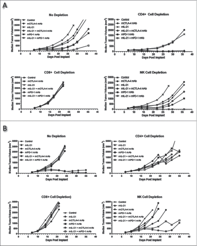 Figure 8. Effect of immune cell subset depletion on mIL-21 + CTLA-4 or PD-1 blockade in the MC38 and CT26 models. (A) Mice implanted SC with (A) MC38 or (B) CT26 tumor cells were injected IP with PBS (upper left), or depleting mAbs directed against CD4+ (upper right), CD8+ (lower left), or NK (lower right) cells on days 3, 9, and 16 post-tumor implant. Two days after initiating depleting mAb treatment, the mice were administered PBS (x's), mCTLA-4 mAb (9D9-mIgG2b, 200 μg/mouse; filled circles), mIL-21 (50 μg/mouse; filled diamonds), a combination of mIL-21 and mCTLA-4 mAb (open circles), mPD-1 mAb (4H2-mIgG1, 200 μg/mouse; filled squares), or a combination of mIL-21 and mPD-1 mAb (open squares). Median tumor volumes (mm3) are plotted vs. days post tumor cell implant. Data are representative of results from two separate studies. See Supplemental Table 1 for statistical analyses.