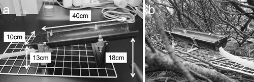 Figure 2 (a) The gutter type bulk precipitation collector. (b) The placement of the collector in the pine canopy.