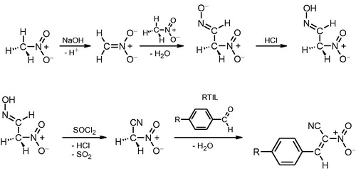 Scheme 1. Synthetic pathway leading to (E)-2-aryl-1-cyano-1-nitroethenes (A2–A7).