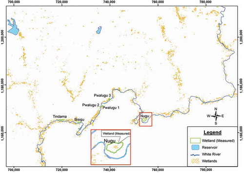 Figure 3. Floodplain wetland probability map of the White Volta Basin, Ghana (Map was generated using four variables as input into the logistic regression model). For full color versions of the figures in this paper, please see the online version.