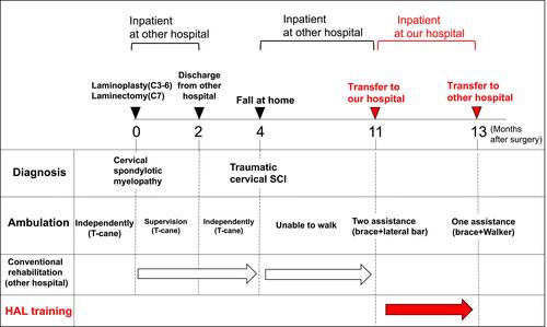 Figure 1 Postoperative progress during hybrid assistive limb training and conventional rehabilitation at the other hospital, ambulation, and diagnosis.