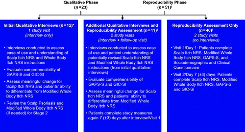 Figure 1. Study design. *Although the Scalp Itch NRS, Modified Whole Body Itch NRS, and GIC-SI were revised based on feedback from the first eight interviews, an additional four patients completed the original versions of the scales (without revisions). †A total of 49 patients were included in the reproducibility phase because two patients were lost to follow-up (one patient from the ‘interview + follow-up visit’ sample and one from the ‘no interviews’ sample) GAPS-S: Global Assessment of Psoriasis Severity-Scalp; GIC-SI: Global Impression of Change-Scalp Itch; NRS: Numeric Rating Scale.