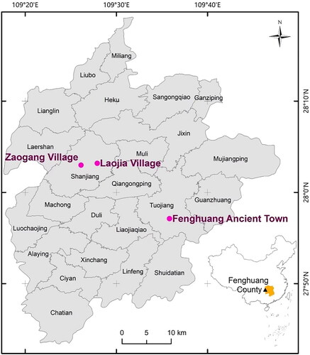 Figure 1. The location of the three case areas within Hunan Province, China.Source: the authors using open source data.Notes: Hunan Province is shaded in the insert map of China; the minor labels are municipalities.