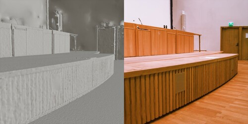 Figure 7. A detail from the textured surface model shown both without texture (left) and with image texture (right).