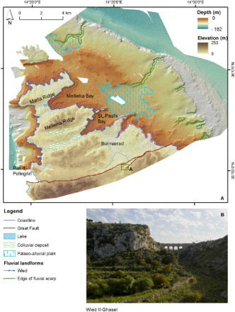 Figure 6. Sketch of emerged and submerged fluvial landforms and deposits (A) and detail of Wied Il-Ghasel (B). location shown be the green square in frame A.
