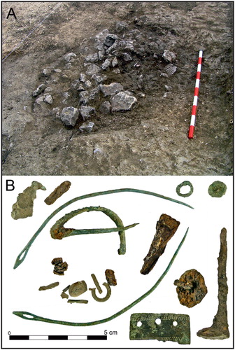 Figure 6. A) Stone covering of pit 10, excavated in 2007. B) Metallic objects recovered from the same funerary pit (photos by Bernorio-IMBEAC Team, infographic by D. Vacas-Madrid IMBEAC).