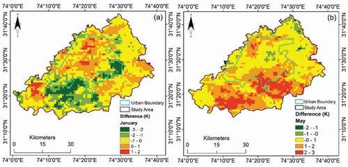 Figure 11. Spatial variation of error between the observed and predicted LST for January (a) and May (b).