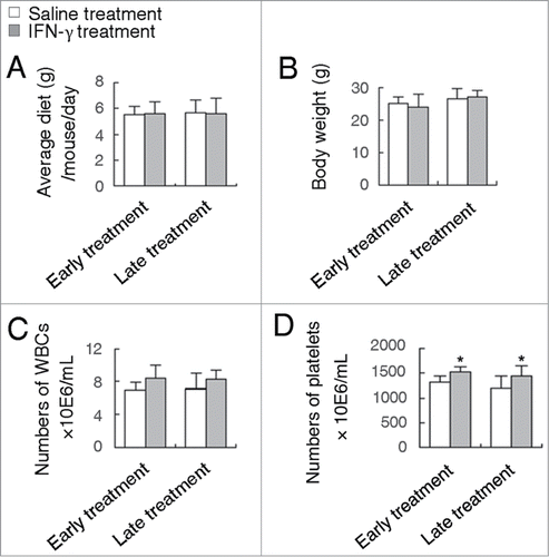 Figure 3. IFN-γ treatments do not cause any significant toxic reaction. Effects of early or late treatment of ApcMin/+ATG5+/+ mice with IFN-γ on body weight (A), average diet (B) and the number of WBCs (C) and platelets (D). *P < 0.05.