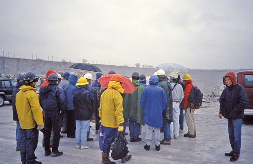 Figure 3. The collaboration between Ron and S.K.D. extended out of the Antilles and into the Silurian of North America in the mid-1990s. Spring, 1994, the North Central regional meeting of the Geological Society of America and a field excursion to the Silurian of the huge Thornton Quarry in Illinois. Attendees were told to anticipate mild spring weather, but the expression on Ron’s face (right) tells the truth of the tale. Image by S.K.D.