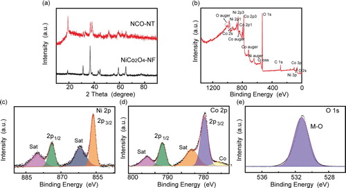 Figure 5. Characterization of NCO-NTs. (a) X-ray diffraction (XRD) patterns of NCO-NT and pure NiCo2O4 nfs (NiCo2O4-NF). (b) XPS survey of NCO-NT. (c–e) XPS multiple peak results of elements Ni–2p signal (c), Co-2p signal (d) and O–1s signal (e).