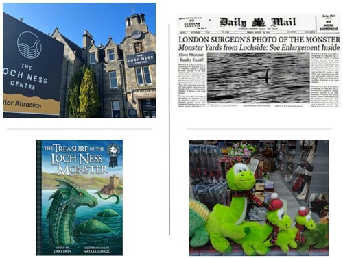 Figure 1. The Surgeon’s photograph and other representations of the Loch Ness Monster. Clockwise from top left: The Loch Ness Centre, Drumnadrochit (© The Loch Ness Centre); the ‘Surgeon’s photo’ published on the front page of the Daily Mail, 21st April 1934; Nessie soft toys on sale in an Edinburgh souvenir shop, summer 2023 (© Lorna Philip); cover image of The Treasure of the Loch Ness Monster reproduced by kind permission of Floris Books, Edinburgh.