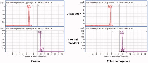 Figure 9. Representative multiple reaction monitoring (MRM) transition chromatograms of olmesartan in the plasma and colonic homogenate.