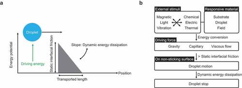 Figure 3. Droplet transportation strategies based on the application of driving force to a droplet on non-sticking surfaces. (a) Schematic of droplet energy. (b) Droplet transportation flow chart.