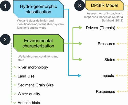 Figure 2. Components of the methodology approach to assess environmental impacts in coastal wetlands based on a hydrogeomorphic classification and environmental characterization
