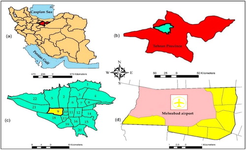 Figure 1. Location of the study area. (a) Map of Iran; (b) Tehran County; (c) Tehran city; (d) district 9.Source:Manisipulity ofTheran