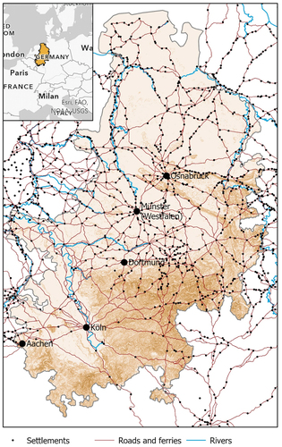 Figure 2. Westphalia around 1600. The blue lines and red lines represent rivers and roads, respectively. Black dots show the location of settlements. The brown shading indicates the topographic “slope The coloured version of this map can be viewed online”.