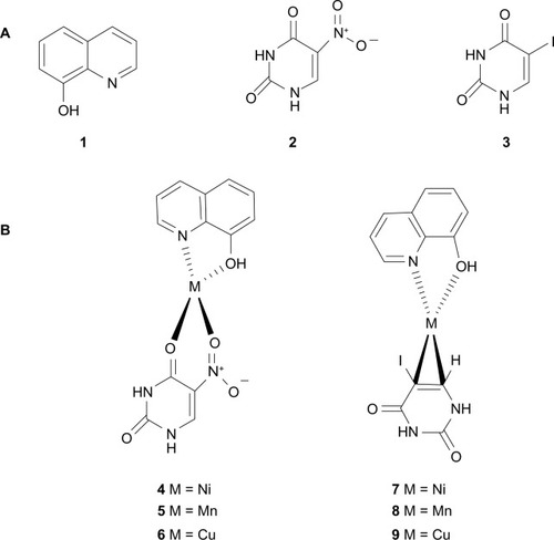 Figure 1 Chemical structures of ligands (1–3) (A) and metal complexes (4–9) (B).