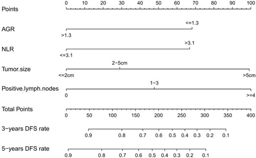 Figure 2 Nomogram for the prediction of DFS in triple-negative breast cancer.Abbreviations: DFS, disease-free survival; AGR, albumin-to-globulin ratio; NLR, neutrophil-to-lymphocyte ratio.
