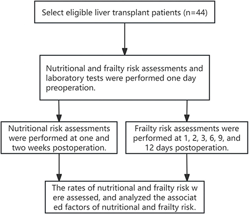Figure 1 Flow chat of the assessment of nutritional and frailty risk. The nutritional and frailty risk assessments and laboratory tests were performed one day. Nutritional risk assessments were performed at one and two weeks, and frailty risk assessments were performed at 1, 2, 3, 6, 9, and 12 days post operation.
