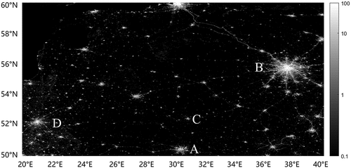 Figure 2. Daily light data (units: nW cm−2 sr−1) for day 264 (September 21, 2021) of H20 V03 and H21 V03 grid, with nighttime lights of Kyiv, Moscow, Gomel and Warsaw, marked as A, B, C and D.