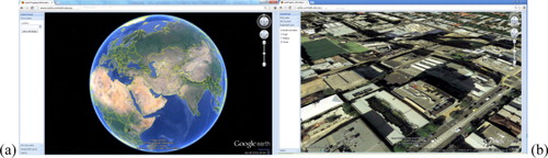 Figure 1. (a) The GUI developed using Google Earth API WebGL. (b) Search and find buildings based on the 2D cadastral parcel address.