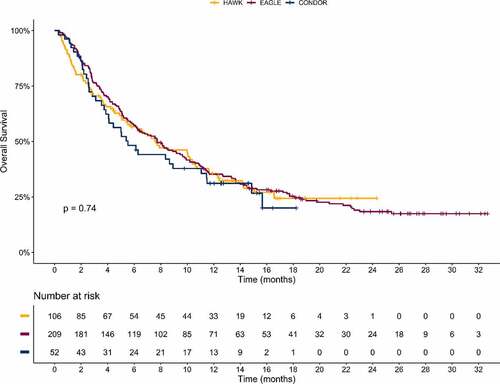 Figure 1. Kaplan–Meier survival curves of patients with HNSCC who received durvalumab and had evaluable biomarker data at baseline in HAWK (n = 106), CONDOR (n = 52), and EAGLE (n = 209) clinical trials. The p value obtained from log-rank test is p = .74