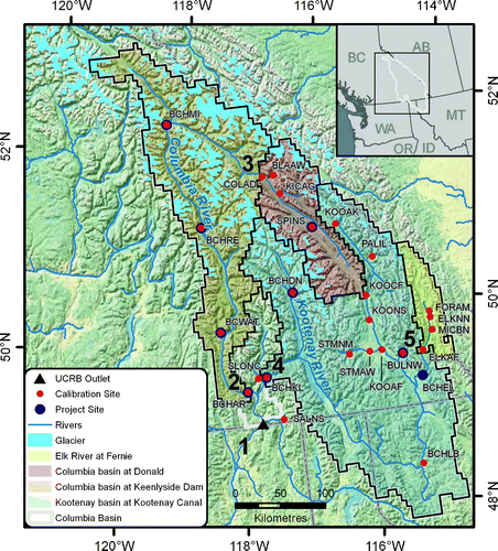 Fig. 1 Study area of the UCRB. The numbers 1–5 are the sub-basin outlets defined in Table 1.