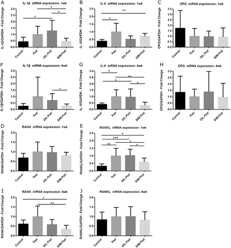 Figure 2. mRNA expression of IL-1β (A and F), IL-6 (B and G), OPG (C and H), RANK (D and I) and RANKL (E and J) in all experimental groups (1 and 4 weeks) determined by RT-qPCR.