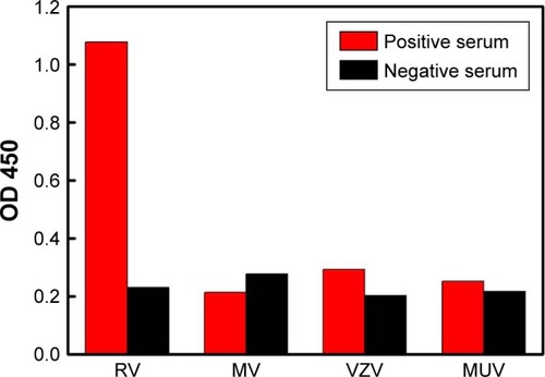 Figure 7 Specificity of antigen-conjugated Au@Pt NRs-based ELISA.Abbreviations: ELISA, enzyme-linked immunosorbent assay; MUV, mumps virus; MV, measles virus; NR, nanorod; VZV, varicella-zoster virus.