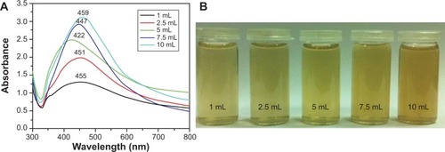 Figure 3 Ultraviolet-visual absorption spectra of Ag-nanoparticles-plant extract prepared at 90°C for 2 hours (A), using various concentrations of plant extract keeping the amount of AgNO3 constant (ie, 1.0 mmol). (B) The diluted solutions of pure Ag-nanoparticles-plant extract (obtained after final workup).