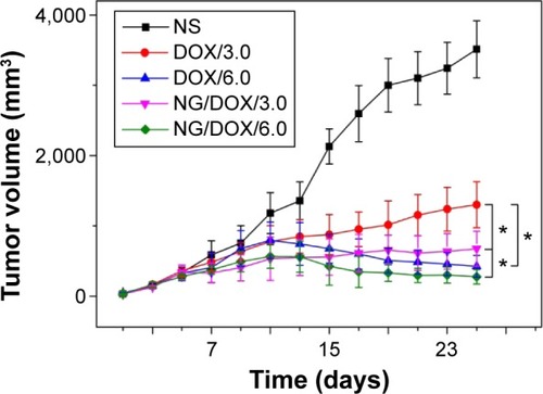 Figure 5 In vivo antitumor efficacies.Notes: In vivo antitumor efficacies of NS as control, and free DOX·HCl and NG/DOX at a dosage of 3.0 and 6.0 mg DOX·HCl equivalent per kg body weight toward H22 hepatoma-xenografted BALB/c mouse models. Each set of data is represented as mean ± SD (n=10; *P<0.001).Abbreviations: DOX, doxorubicin; DOX·HCI, doxorubicin hydrochloride; NG/DOX, DOX-loaded nanogel; NS, normal saline; SD, standard deviation.