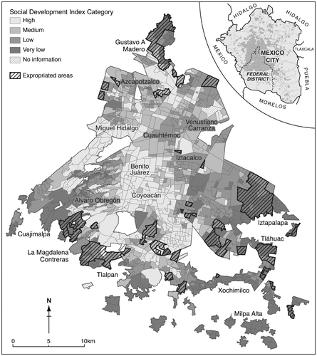 Figure 1. Social Development Index categories by neighbourhood, Federal District, showing ejido land expropriated for regularisation. Source: own elaboration, based on map of Social Development Index categories by neighbourhood (http://www.evalua.cdmx.gob.mx/files/indice/ids_df_colo.pdf).