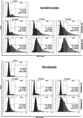 Figure 10 Flow cytometric analysis of cell cycle of keratinocyte and fibroblast cells after 24 h of incubation with different concentrations (0.3 mg/mL, 1.5 mg/mL and 3.0 mg/mL) of 2nd and 3rd generation PAMAM dendrimers using propidium iodide staining. Mean percentage values from three independent experiments (n=3) done in duplicate are presented. *p<0.05 versus the control group.