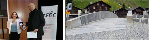 Left: Jürg Conzett receiving the Albert Caquot Prize and Medal from Claude Le Quere. Right: Pont de Vals (Grisons) - Vals Bridge in Switzerland by Jürg Conzett (2009)