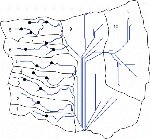 Fig. 8 Optimal locations of reservoirs for potential water harvesting (indicated by black dot).