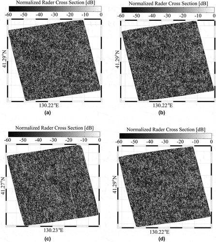 Figure 9. Sub-scenes extracted from the black region in Figure 1: (a) map for the VV-polarization channel; (b) map for the HH-polarization channel; (c) map for the HV-polarization channel; and (d) map for the polarization orientation of 45°.