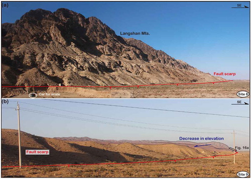 Figure 16. Fault scarps observed near the south tip of the LPF: (a) Site 8. (b) Site 9.Notes: Although the range decreases in elevation, fault scarps still can be traced in the field. Locations are shown in Figures 1(c) and 2.