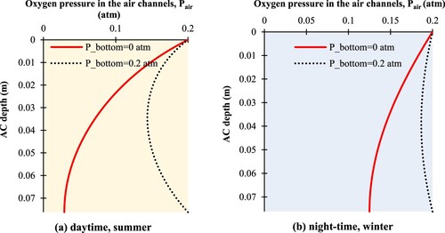 Figure 12. Oxygen pressure in the air channels (Pair) across asphalt concrete (AC) depth at (a) peak daytime in summer, (b) peak night-time in winter.