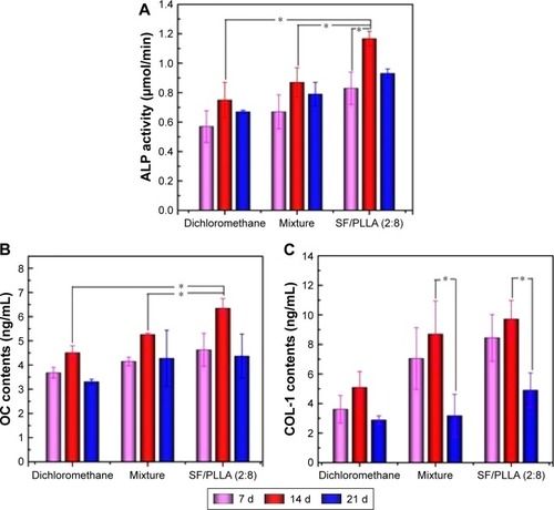 Figure 8 (A) ALP activity, (B) OC and (C) COL-1 content of MC3T3-E1 cells on PLLA synthesized in dichloromethane as well as a solvent mixture (dichloromethane and dioxane), and SF/PLLA (2:8) scaffolds after 7, 14 and 21 days (*P<0.05).Abbreviations: ALP, alkaline phosphatase; OC, osteocalcin; COL-1, collagen 1; PLLA, poly(l-lactic acid); SF, silk fibroin; d, days.