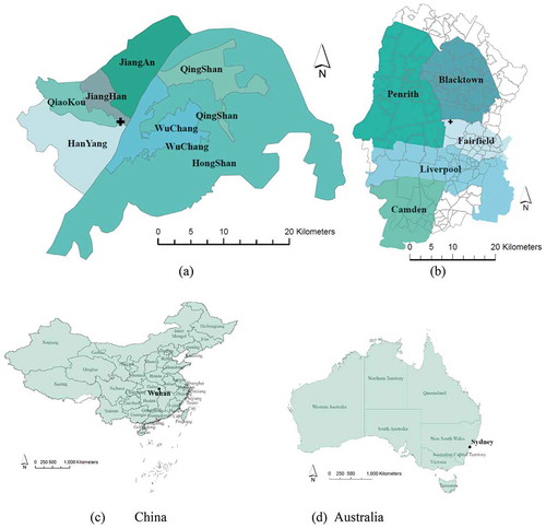 Figure 1. (a) Regions of Wuhan studied for changes in land use. (b) Distribution of Local Government Areas (LGA) in western Sydney. Distances shown in Figures 12 and 13 are measured from the crosses in each figure. (c) Location of Wuhan in China (d) Location of Sydney in Australia.